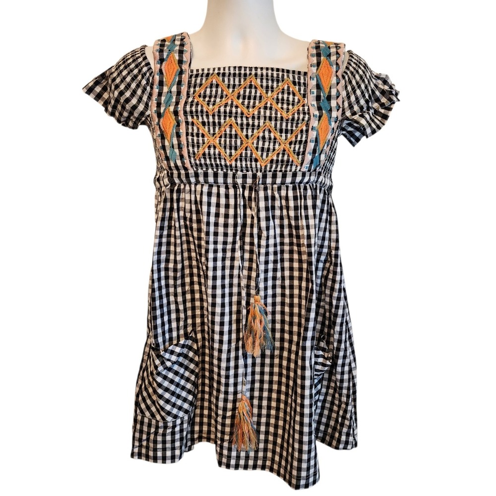 Sand & Spirit Embroidered Gingham Dress Women's Small Boho Tassel Pockets
